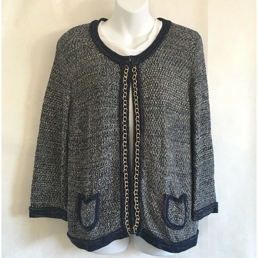 Roz & Ali Women's Sweater Sz L Blue Metallic Gold Embellished Cardigan Med. Knit